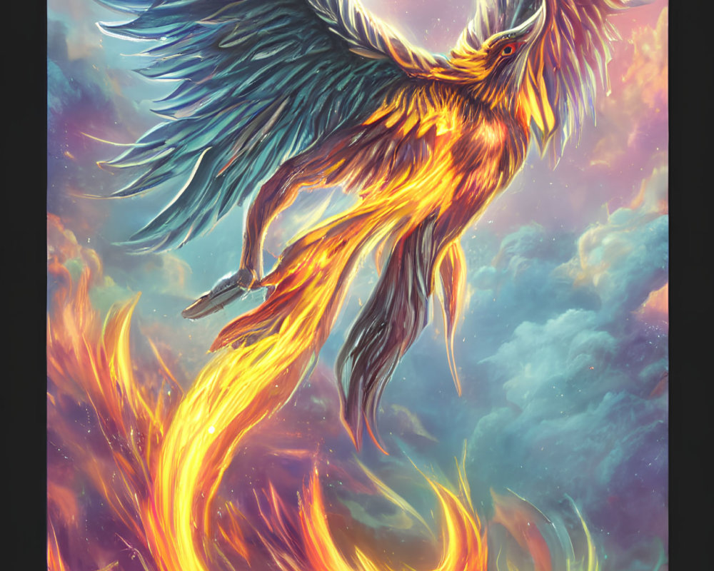 Colorful Phoenix Flying in Dramatic Sky with Fiery Wings