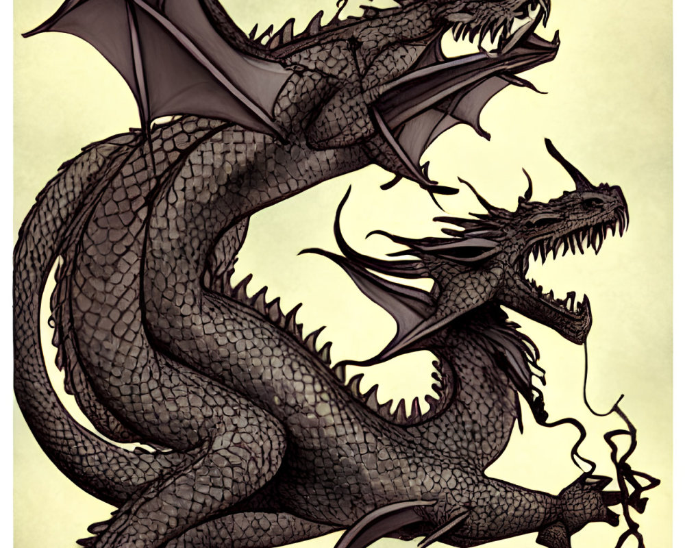 Illustration of fierce dragon with spread wings, sharp horns, and fire breath on parchment background