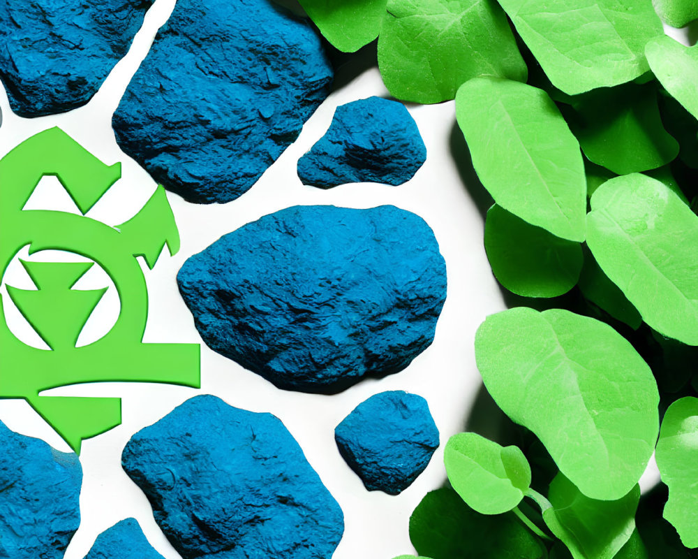 Bright Blue Rocks and Green Leaves with Recycling Symbol on White Background