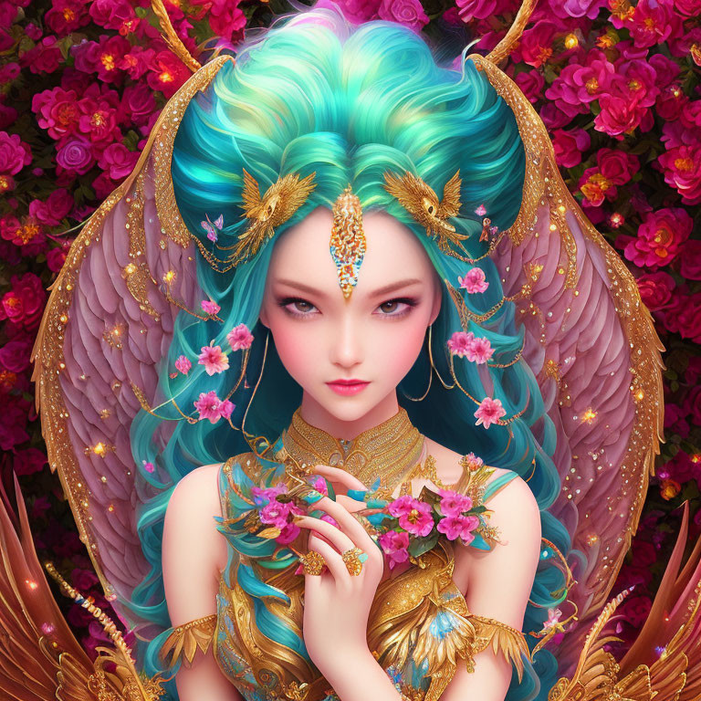 Blue-haired figure with gold accessories, white wings, and golden attire among pink flowers