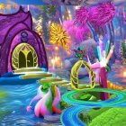 Fantastical landscape with whimsical trees, colorful foliage, blue river, and pastel unicorn.