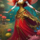 Fantasy illustration: Woman with red hair in ornate dress among blooming flowers