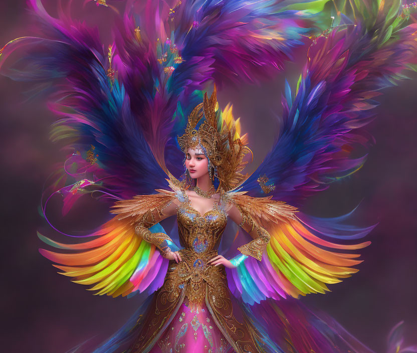 Golden Attired Woman with Multicolored Wings in Majestic Display