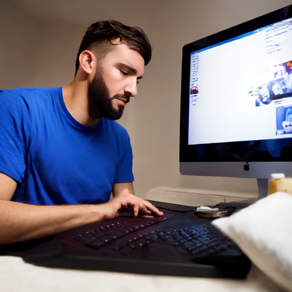 Bearded man using graphic tablet and computer in dimly lit room