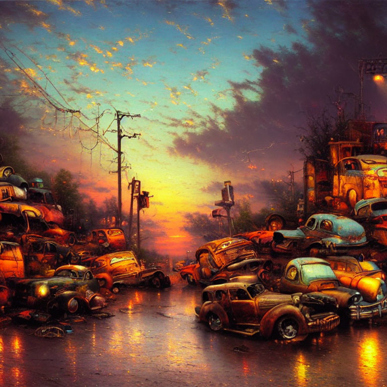 Post-apocalyptic artwork: Rusting cars under orange and blue dusk sky
