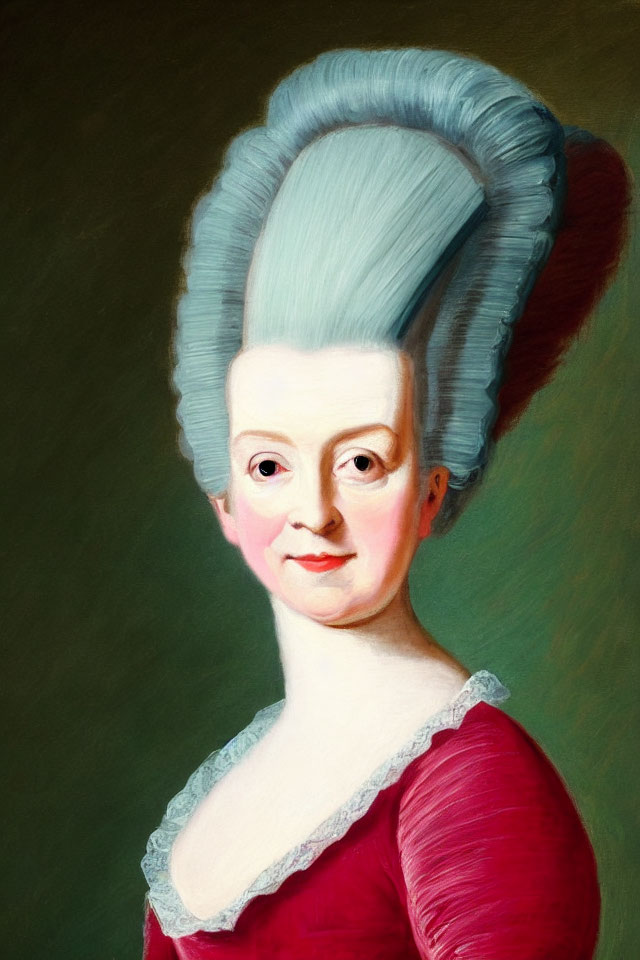 18th-Century Woman Portrait in Tall Wig & Red Dress