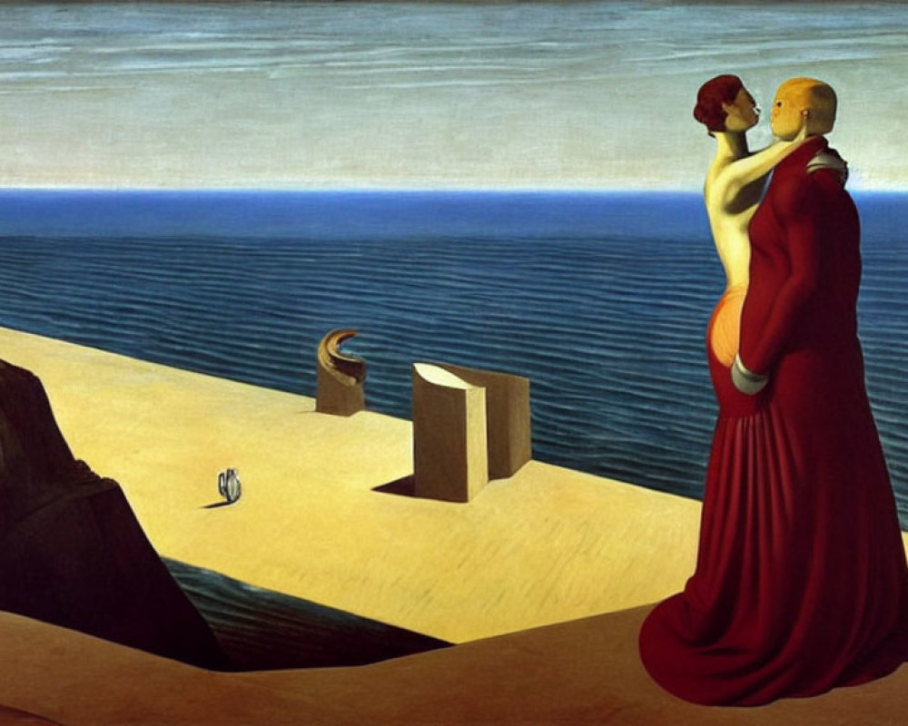 Surrealist painting of couple embracing on beach with distorted perspectives