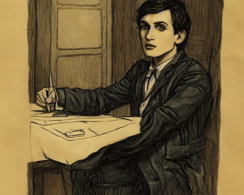 Person writing at table with contemplative expression in room with door