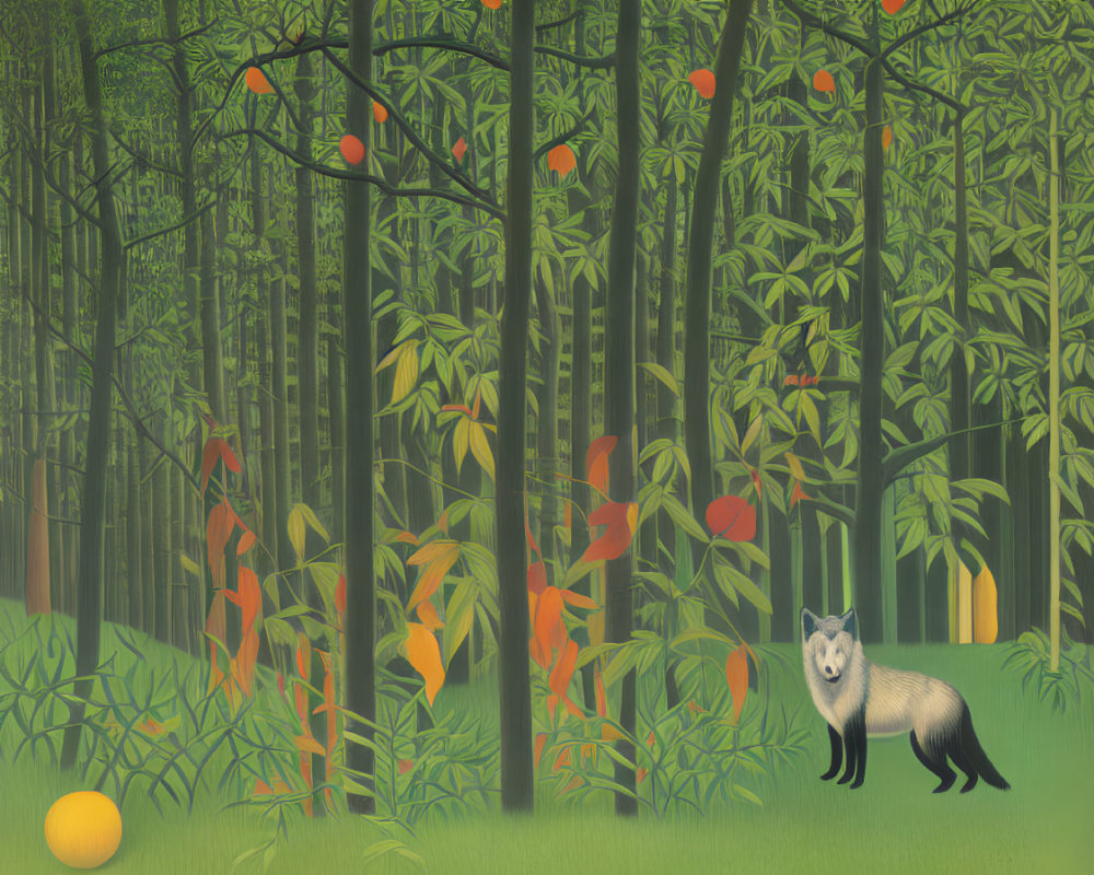 Forest scene with green trees, orange leaves, wolf, and yellow orb