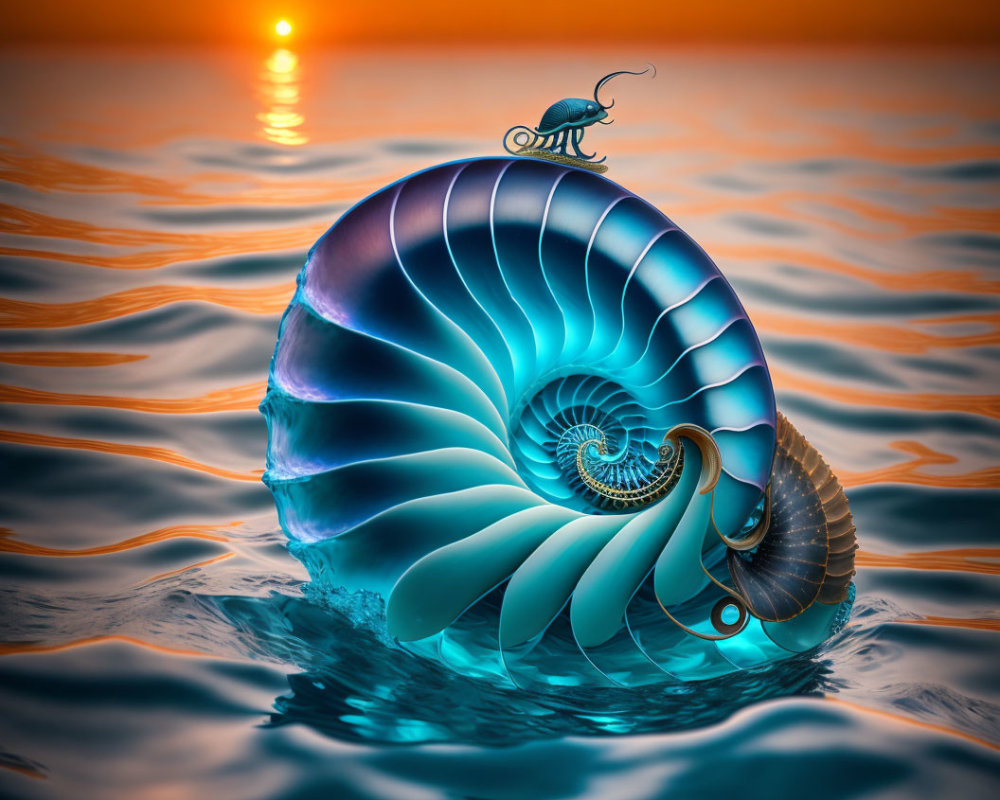 Surreal nautilus shell at sunset with spiral pattern