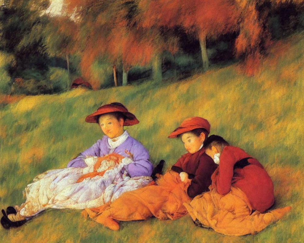 Impressionist Painting of Children on Grass Hillside