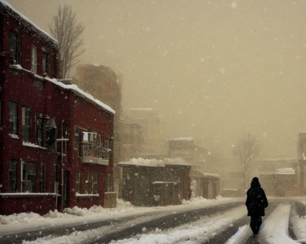 Snow-covered street with solitary figure and red-brick buildings under hazy sky
