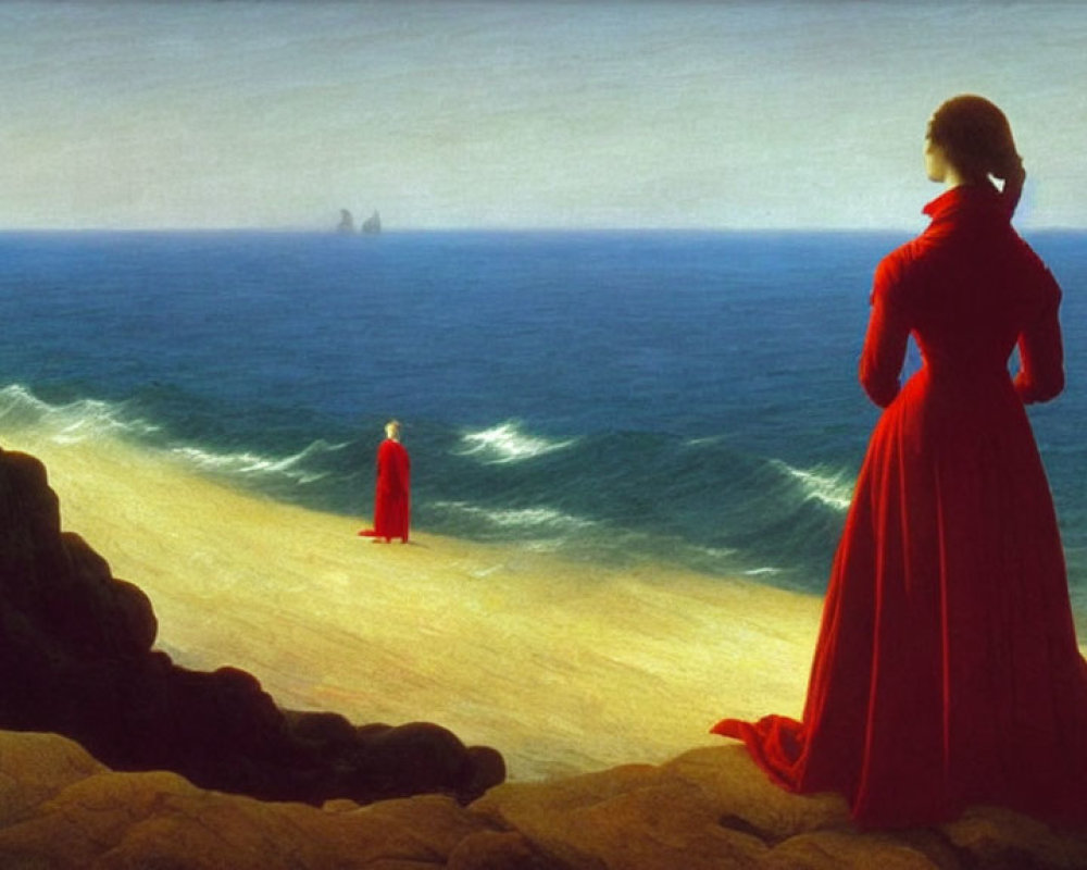 Two people in red on beach with ships on horizon.