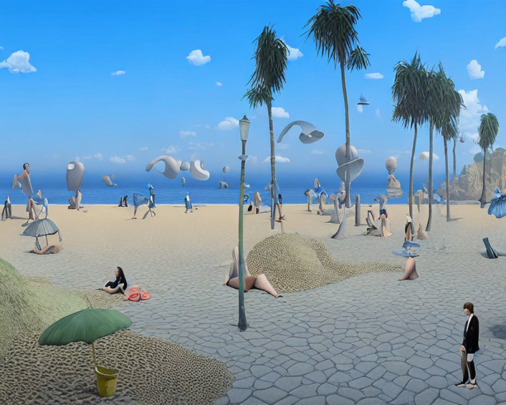 Surreal beach scene with human-like figures merged with umbrellas, lamps, and trees under a