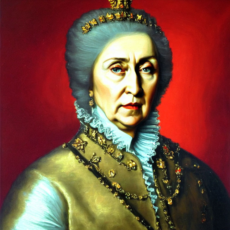 Portrait of stern person in gold military uniform with crown on red background