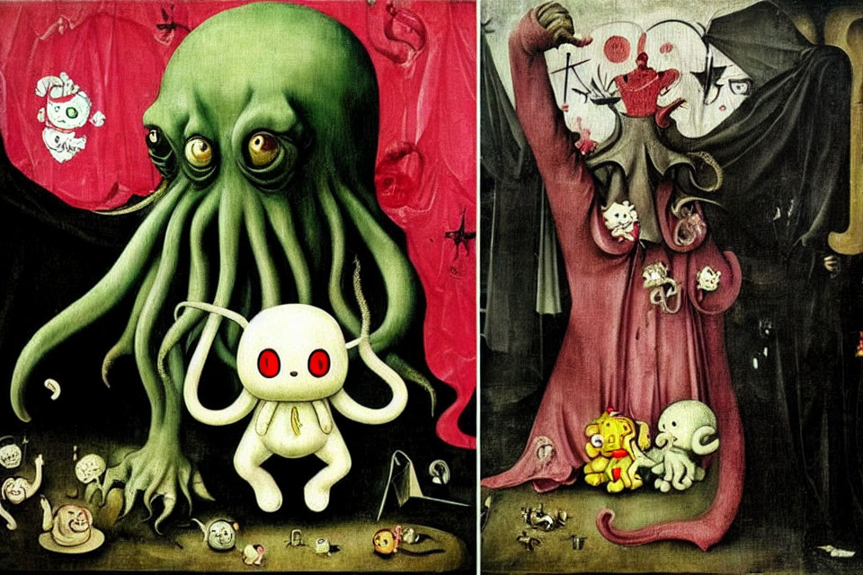 Surreal split-panel artwork: green octopus creature and dark-robed figure with whimsical beings