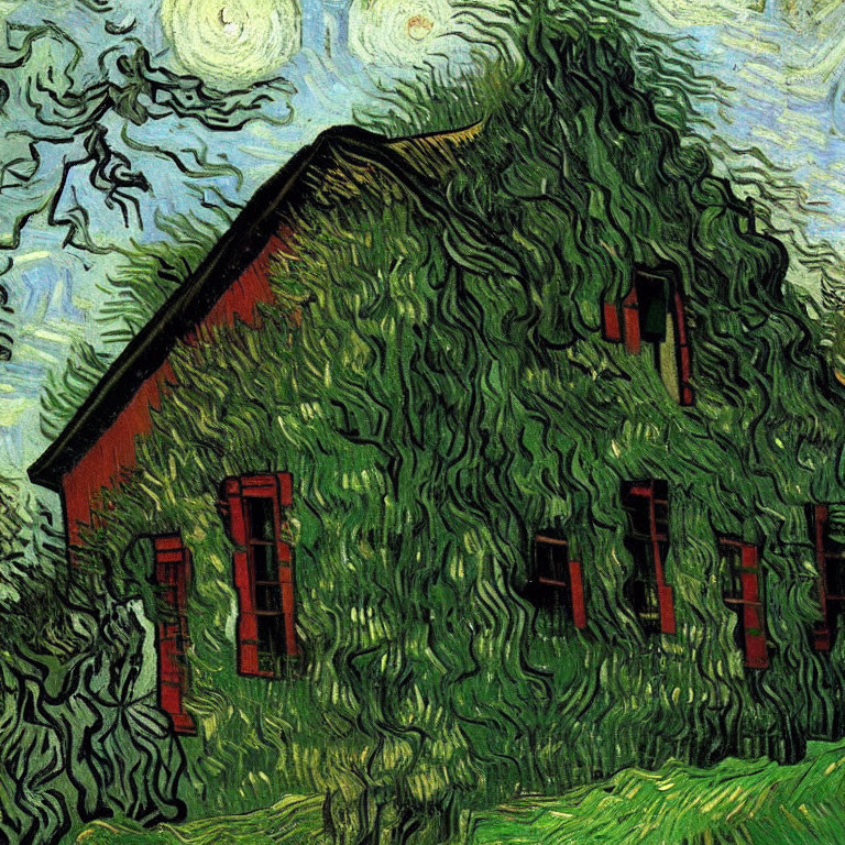 Expressionist painting of house with red roof, shutters, lush greenery, and swirling skies
