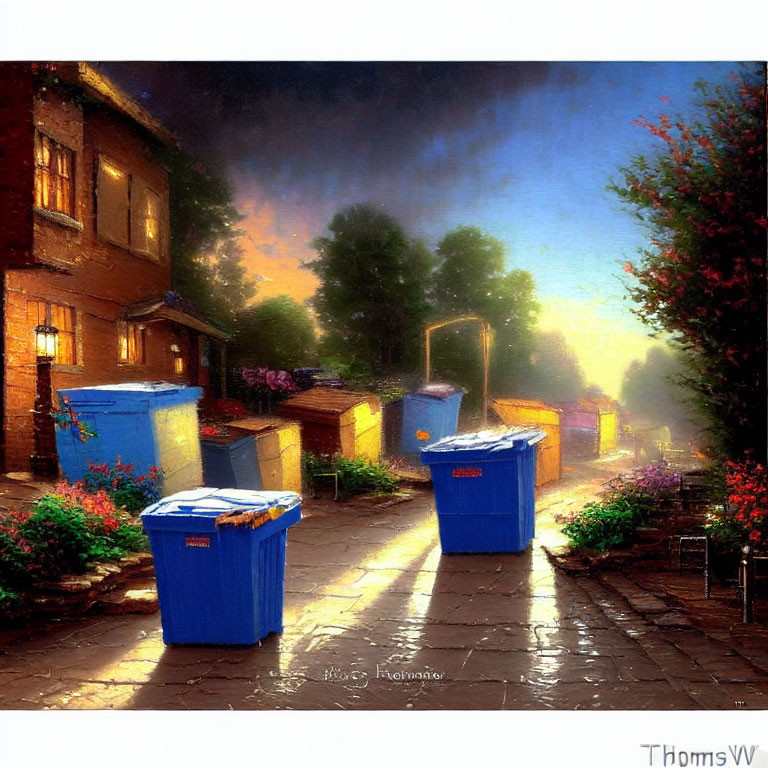 Quaint street painting at dusk with recycling bins, wet pavement, and flowers under moody sky