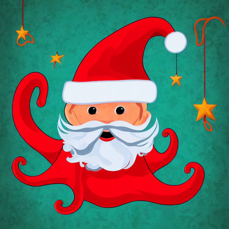 Whimsical Santa Claus with Red Tentacles on Teal Background