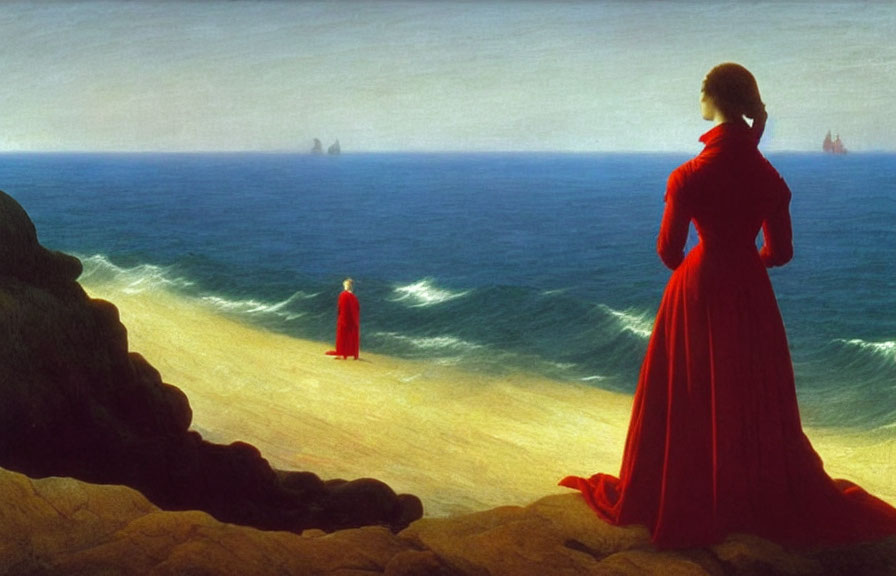 Two people in red on beach with ships on horizon.