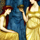 Classical Attired Women with Chalice on Blue Draped Background