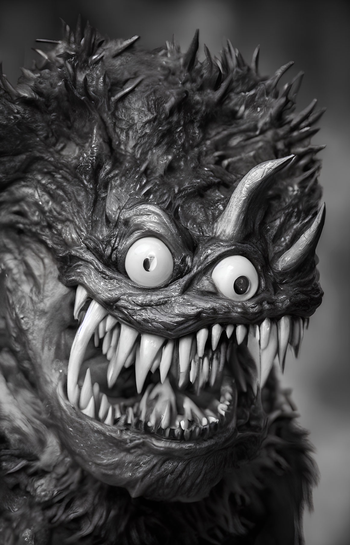 Monochrome image of creature with sharp teeth and spiky fur