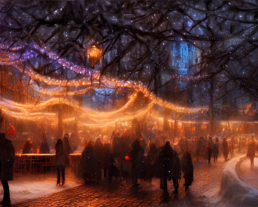 Winter Night Market: Festive Decorations & Fairy Lights Amid Snowy Cobblestones