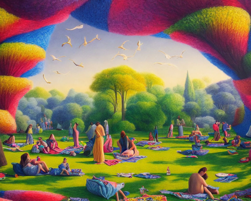 Colorful surreal landscape with fluffy trees, relaxing people, and flying birds