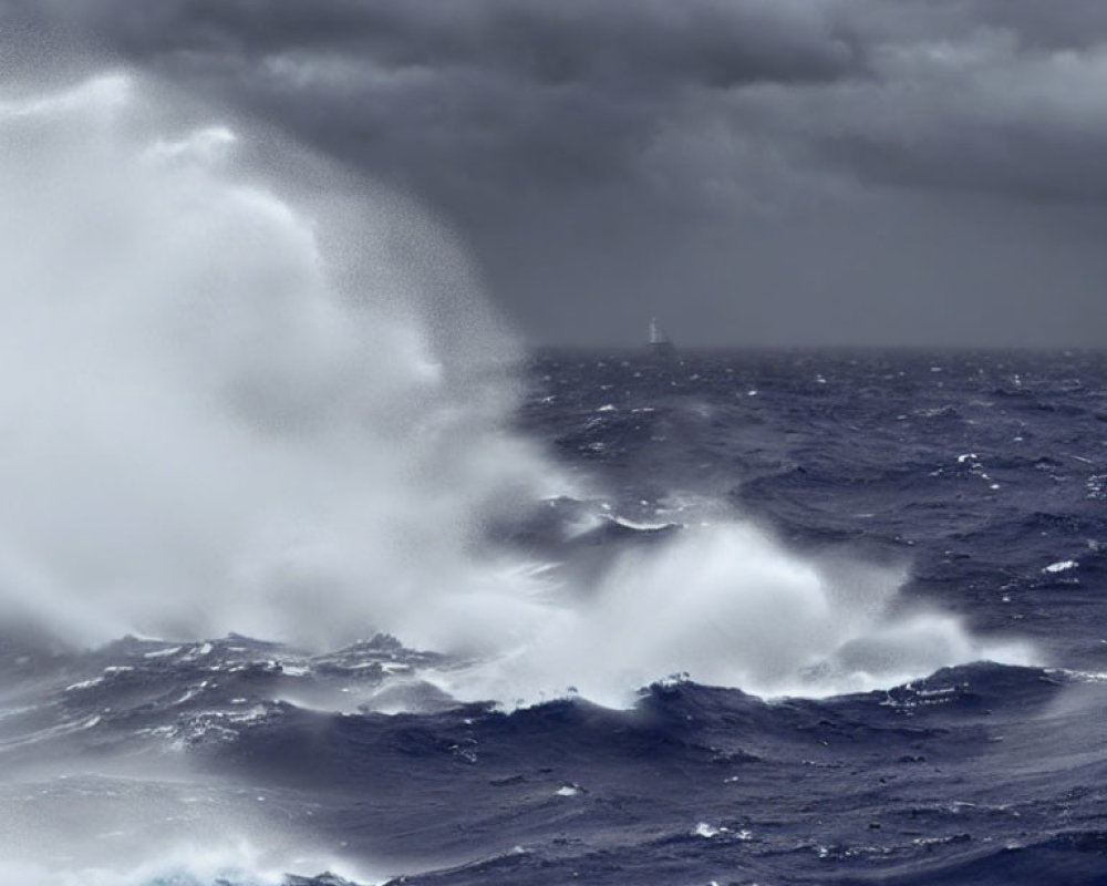 Stormy Sea with Crashing Waves and Distant Lighthouse