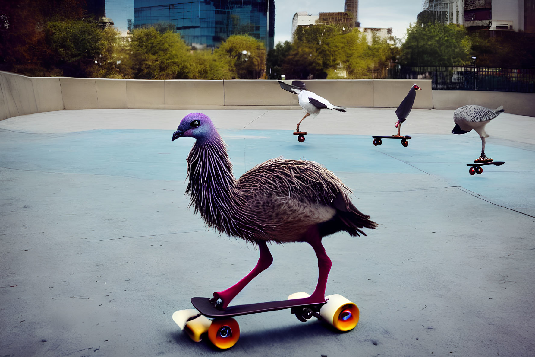 Birds with Pigeon Heads Skateboarding in Urban Park