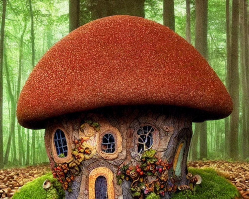 Whimsical Mushroom-Shaped House in Forest Clearing