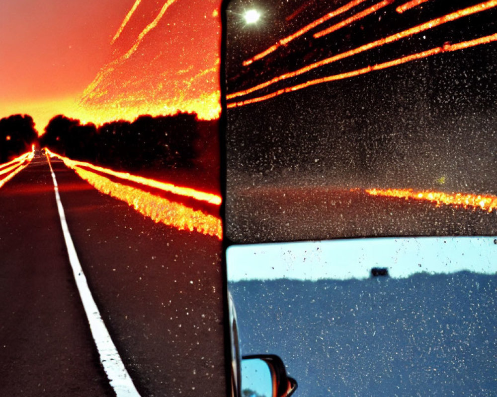 Vehicle side mirror reflects twilight sky and highway streaks at dusk
