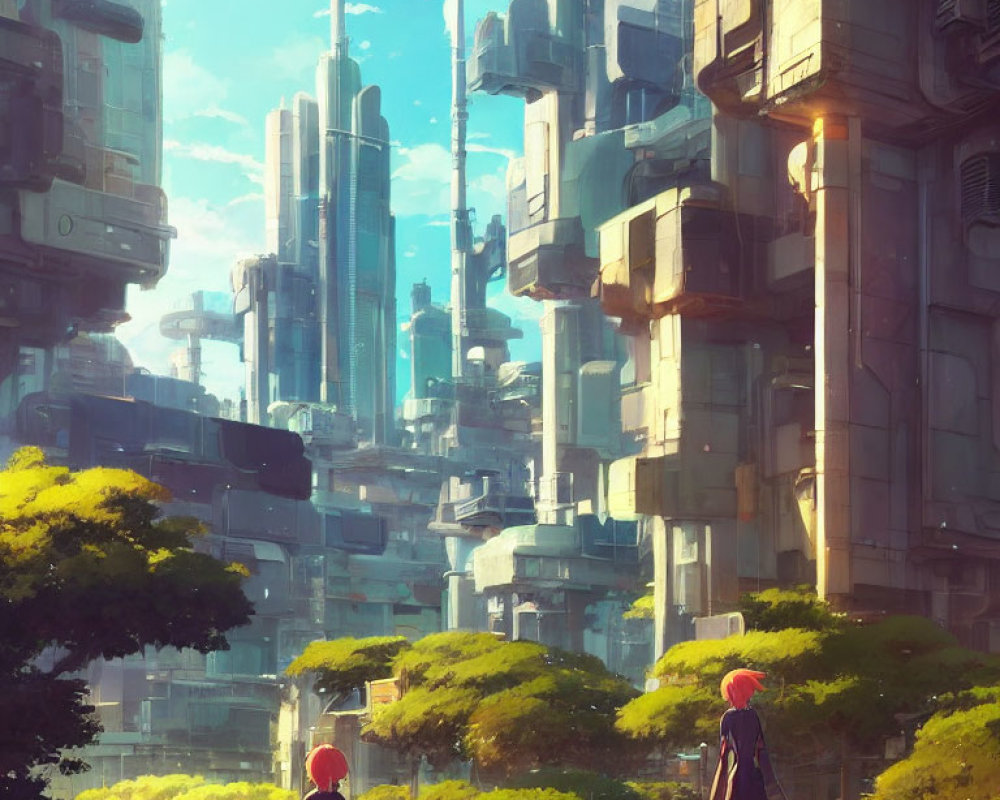 Futuristic cityscape with two individuals in lush setting