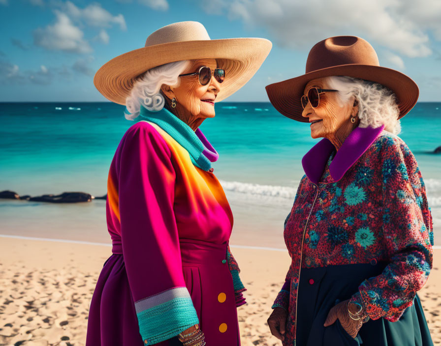 Elderly women in stylish hats and colorful outfits on sunny beach