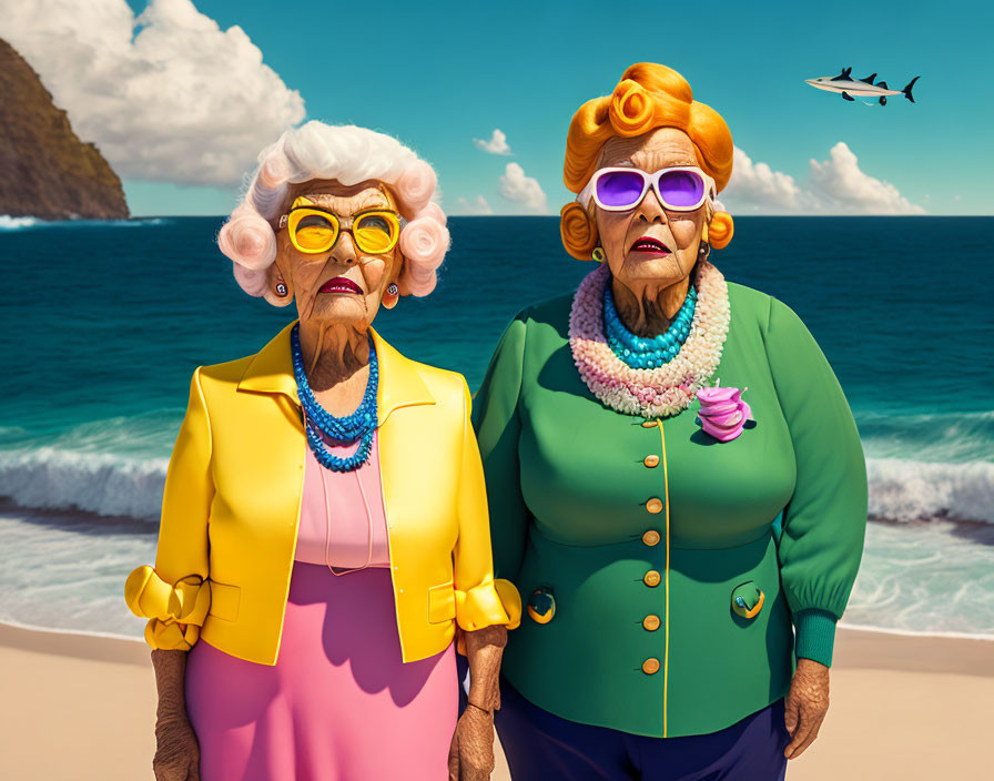 Two elderly women with colorful hairstyles and vibrant retro outfits on beach with plane in sky