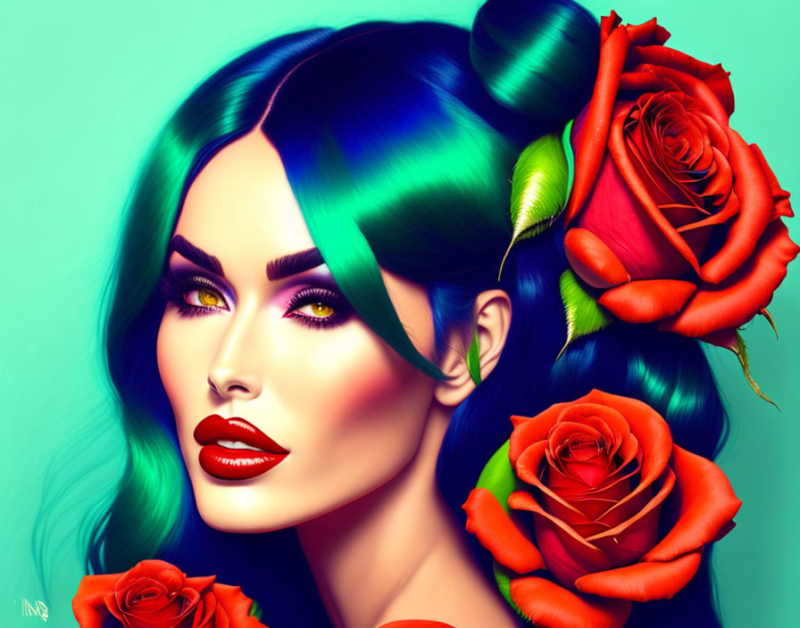 Colorful illustration of woman with green and black hair and red roses, bold makeup, green eyes