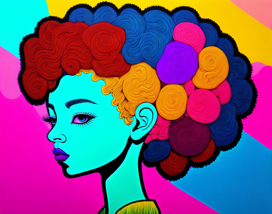 Vibrant illustration of woman with multi-colored curly hair on abstract background