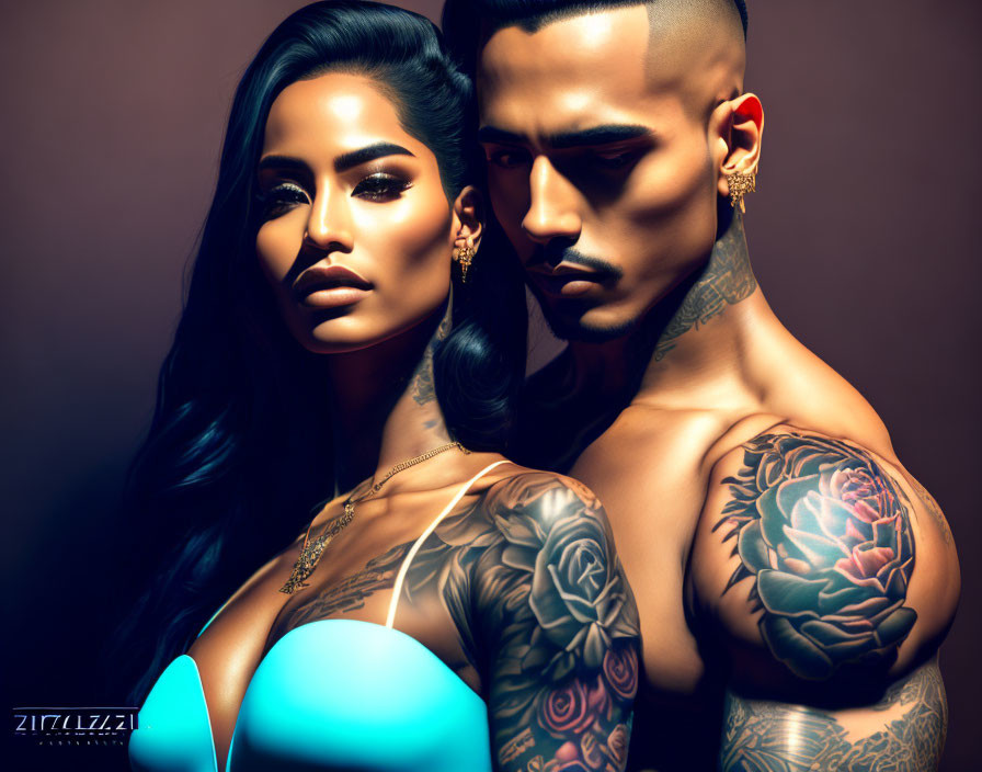 Stylized image of man and woman with tattoos and elegant jewelry
