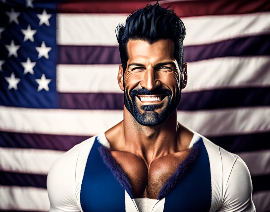 Smiling man with beard in white V-neck shirt against American flag