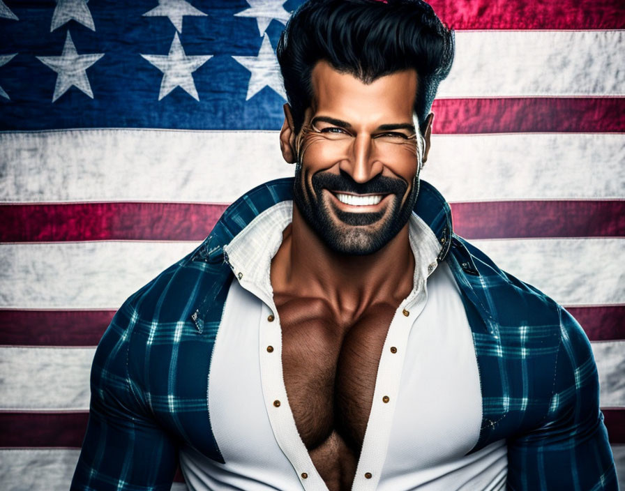Muscular man with beard smiling in front of American flag