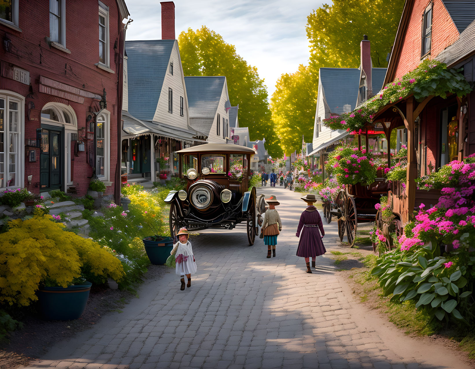 Vintage street scene with people in period costumes, vintage car, horse-drawn cart, vibrant flowers,