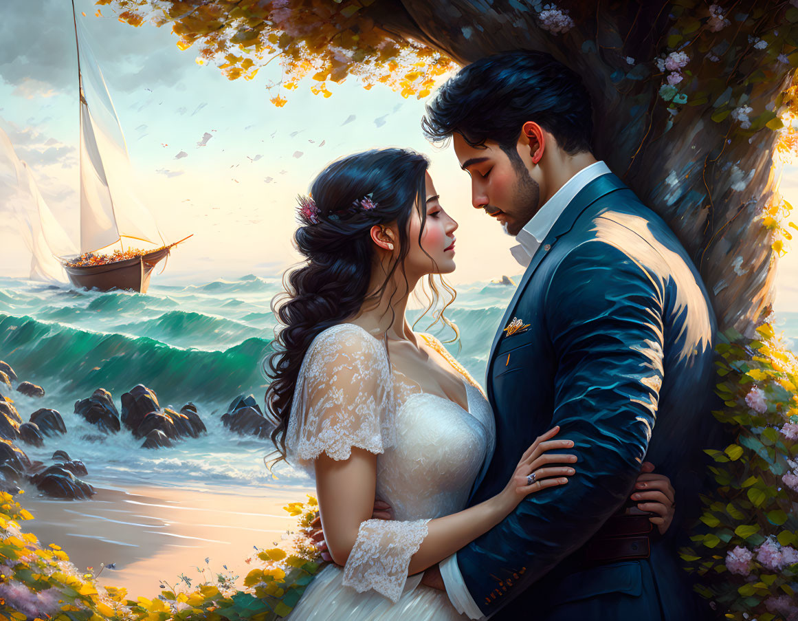 Wedding attire couple embracing by the sea with sailboat and lush flora