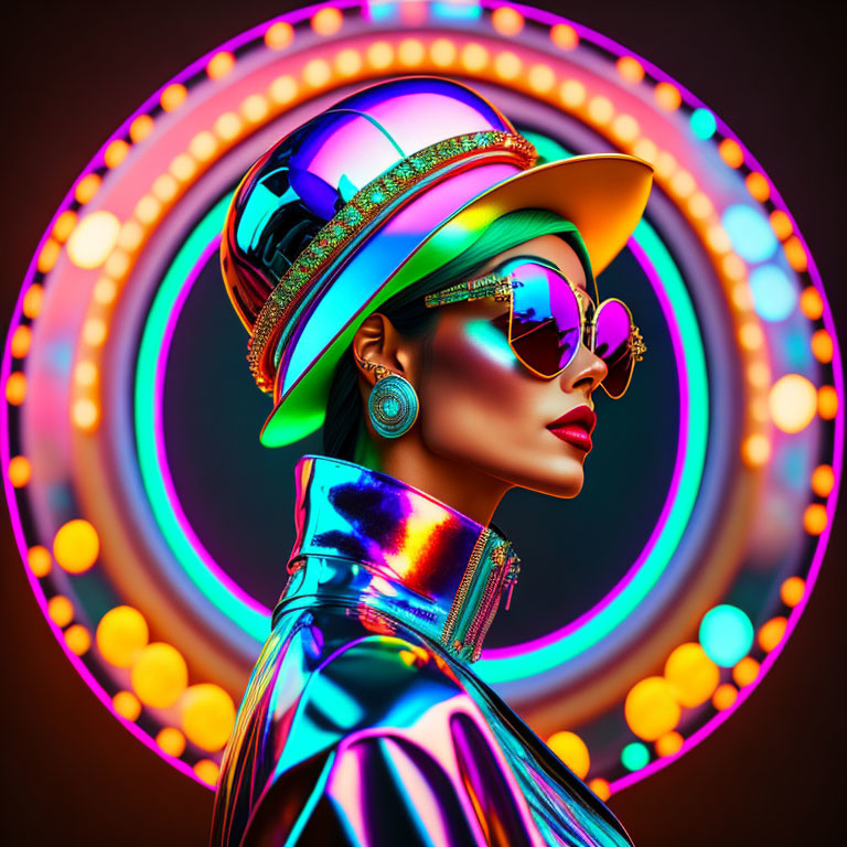 Iridescent Woman in Neon-lit Circular Setting