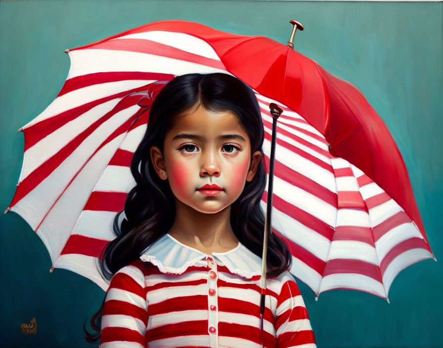 Young girl with dark hair holding red-and-white umbrella on teal background.