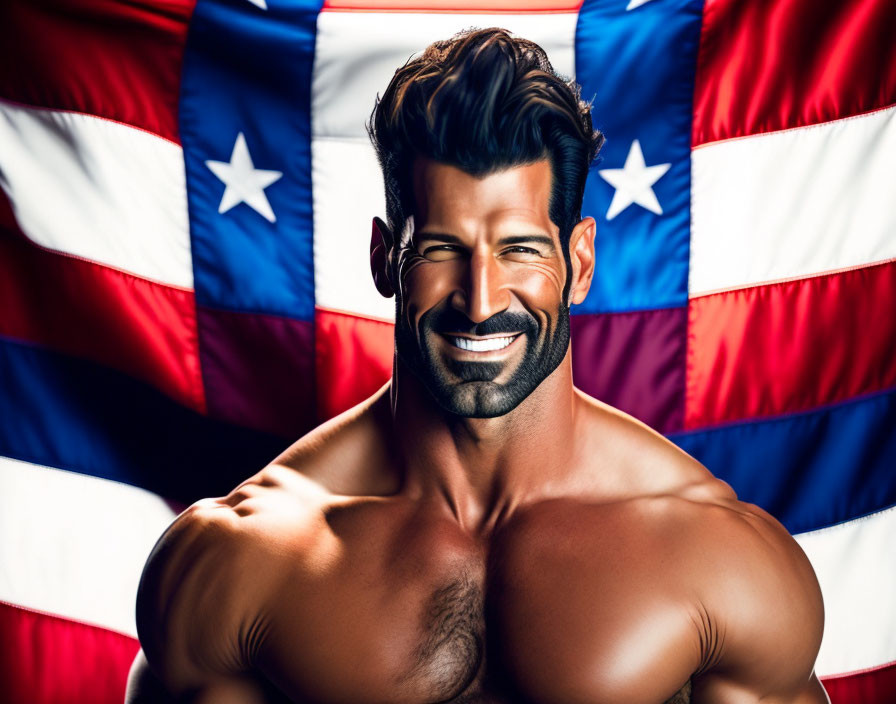 Muscular man smiling with US flag backdrop