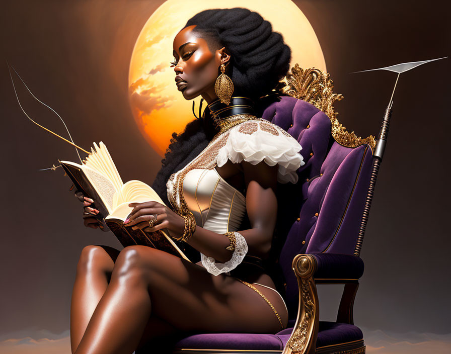 Regal woman with intricate hairstyles reading a book on a throne at sunset