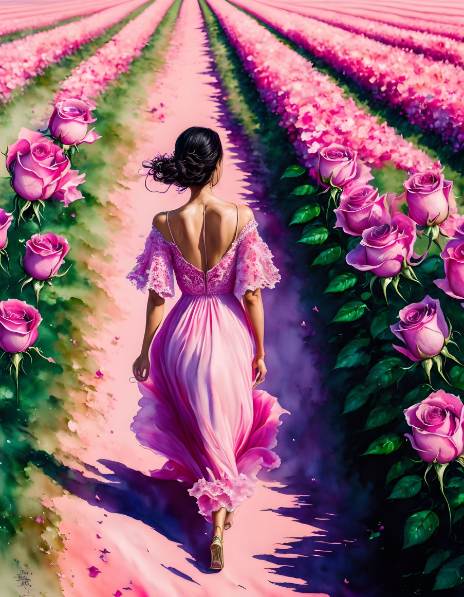 Woman in Pink Gown Walking Among Pink Roses in Vibrant Garden