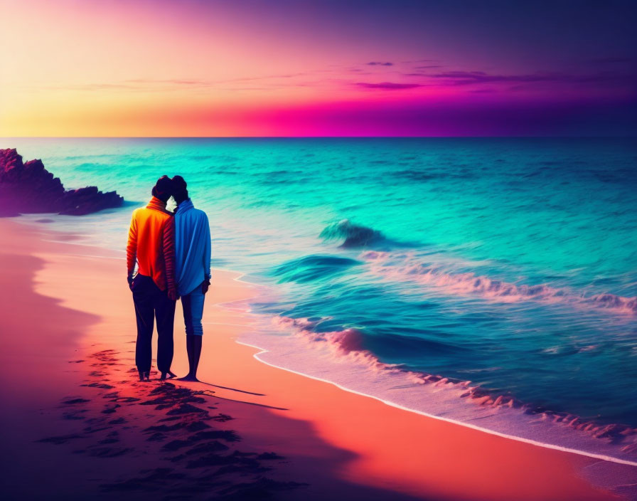 Romantic couple watching sunset on beach with gentle waves