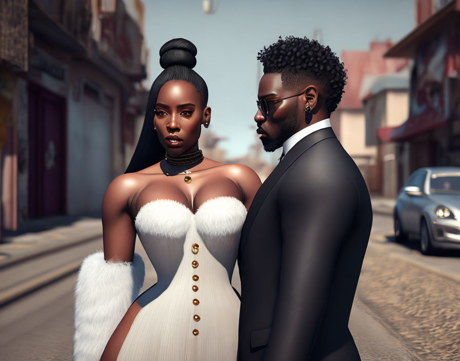 Fashionable couple in white dress and black suit on city street.