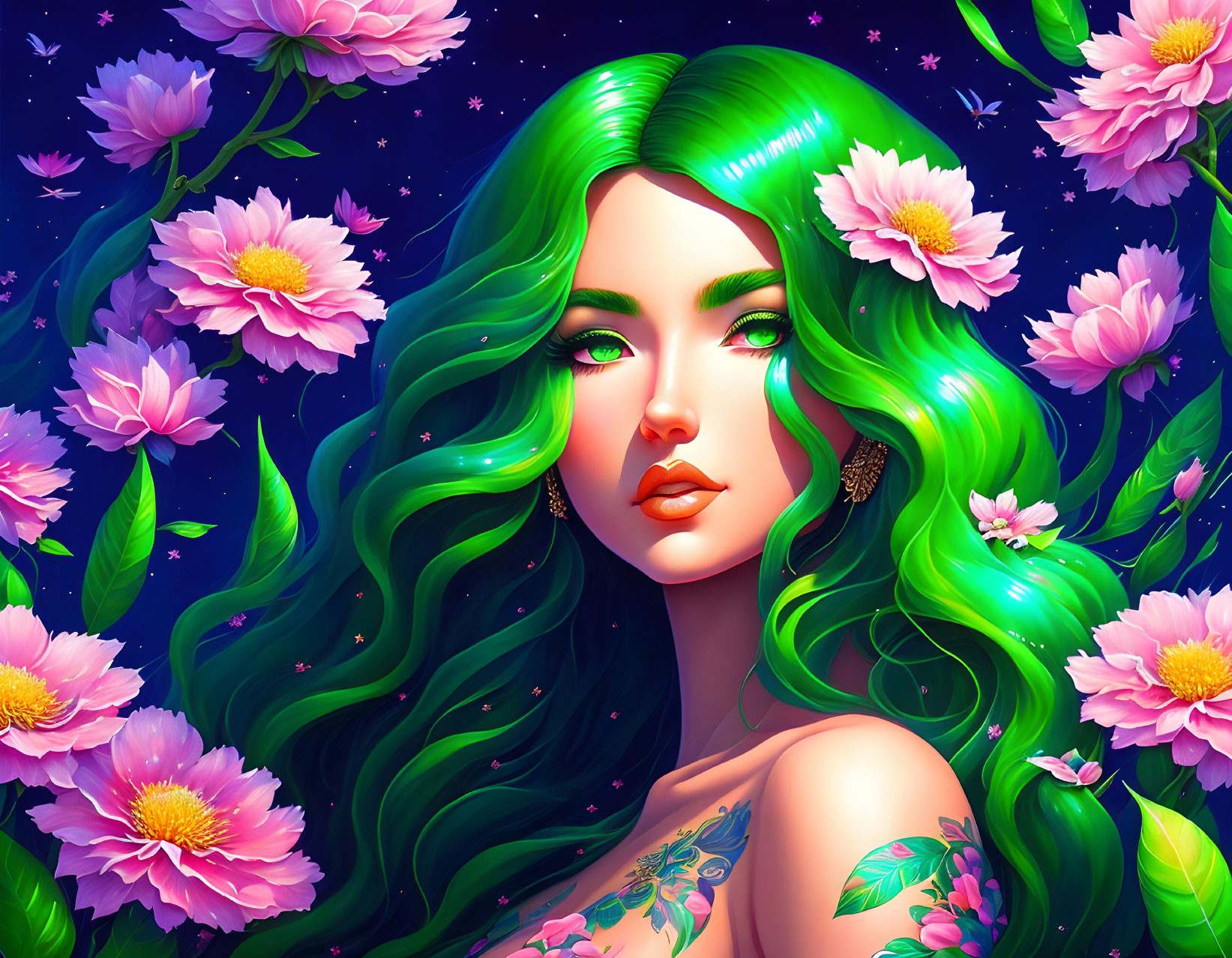 Colorful illustration: Woman with emerald green hair and tattoos, pink flowers on dark blue background